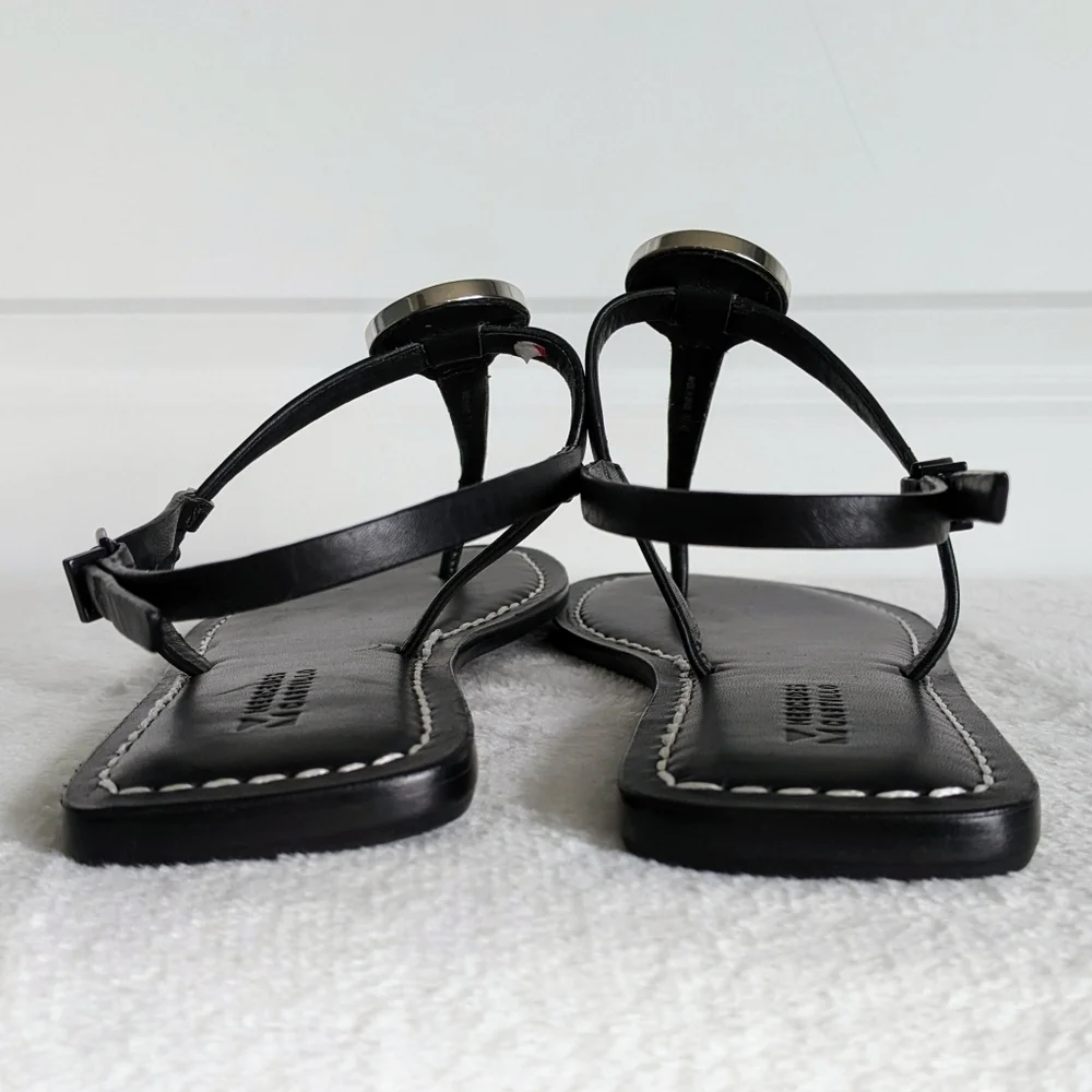 Mercedes Castillo Leather T-Strap Thong Sandal Flat Black Silver EU40 10 NWOB - Picture 10 of 15